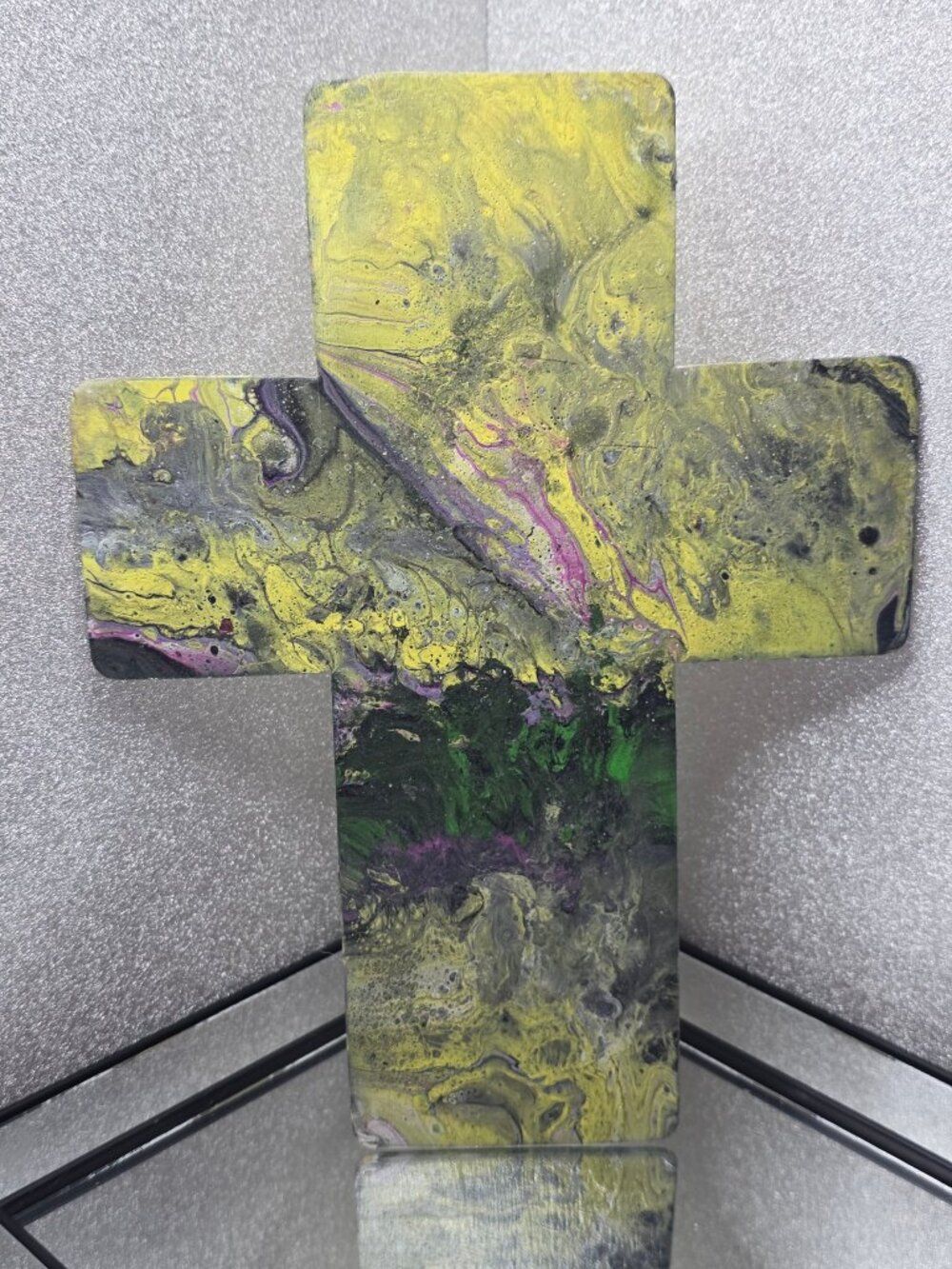 Hand-Poured Fluid Art Wooden Cross - Lemon Moss - Large Decor